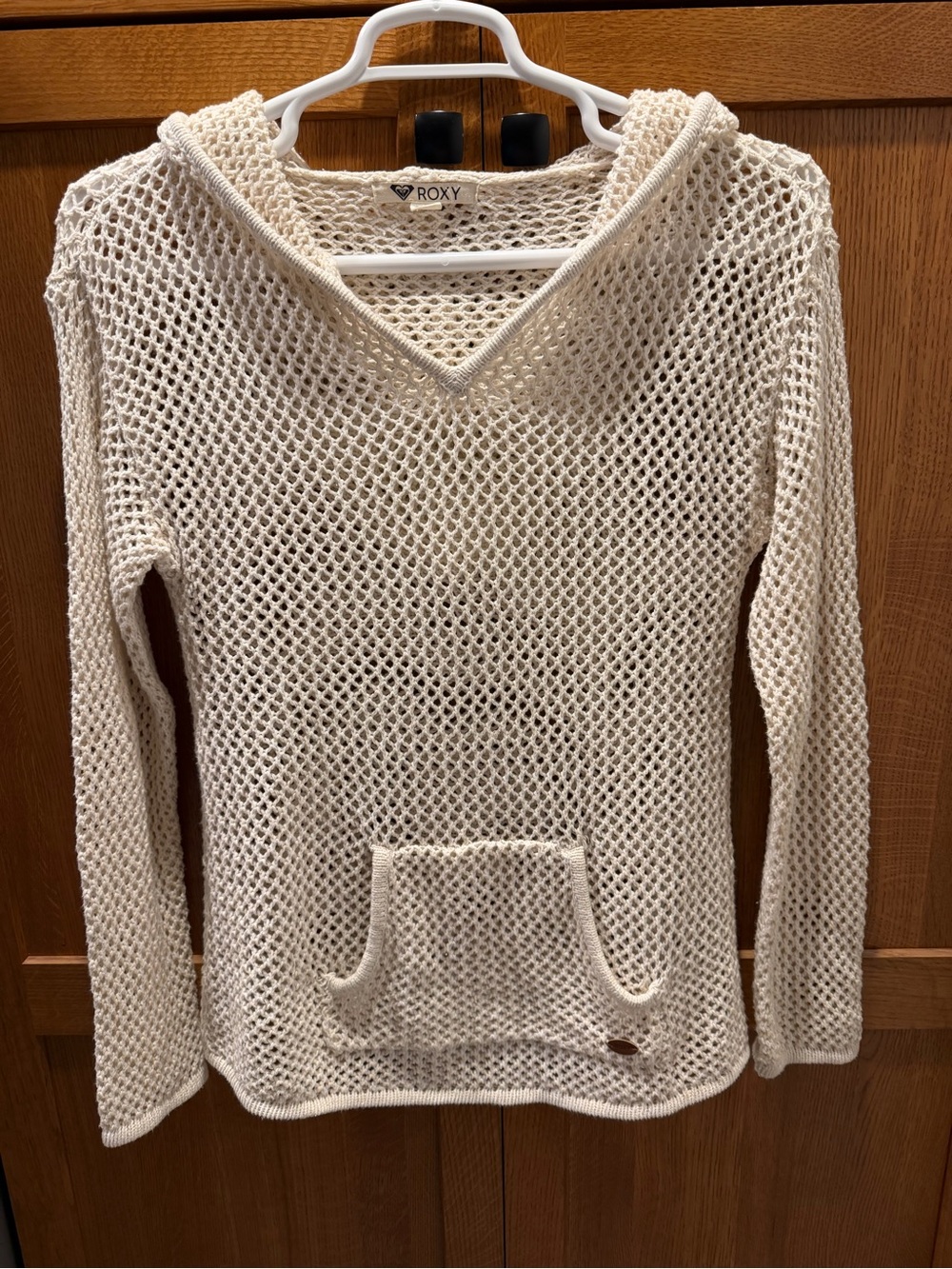 Roxy Cream Open-Weave V-Neck Hooded Sweater